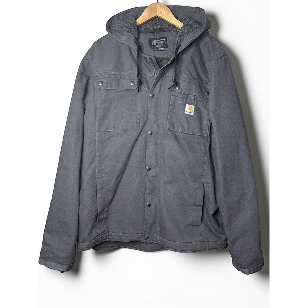 Carhartt Mens Sherpa Lined Washed Duck Hooded Coat LT Gravel Gray 103826 GVL
